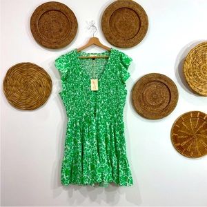 NEW Universal Thread Green White Floral Flower Smocked Ruffle Mini Dress Large